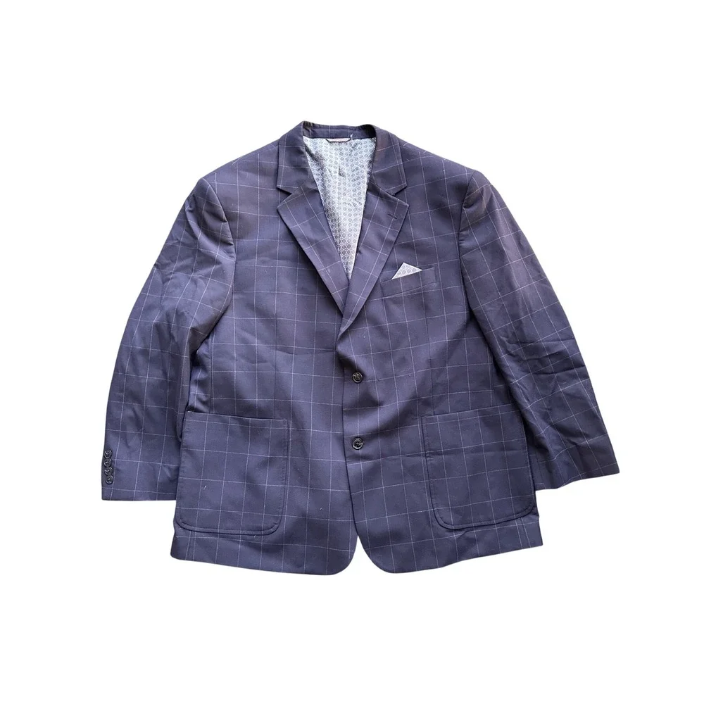 Oak Hill Mens Navy Blue Windowpane Blazer Sport Coat Jacket 2XL 50-52 Big & Tall
